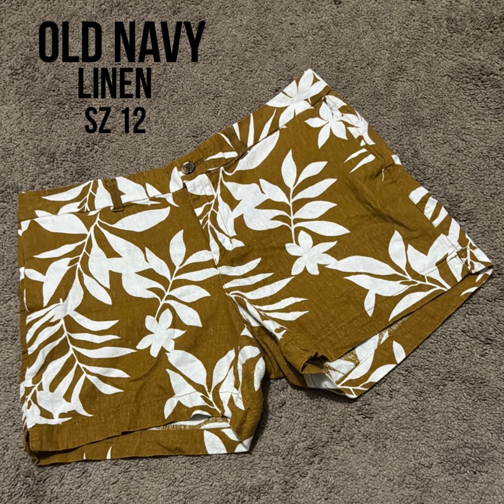 Old Navy-Shorts-Sz 12-Linen blend-Raw Umber Tropical Print-EUC